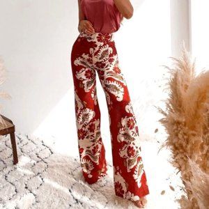 Zara Rustic Red Floral Printed Linen Blend Pants High Waisted Wide Leg